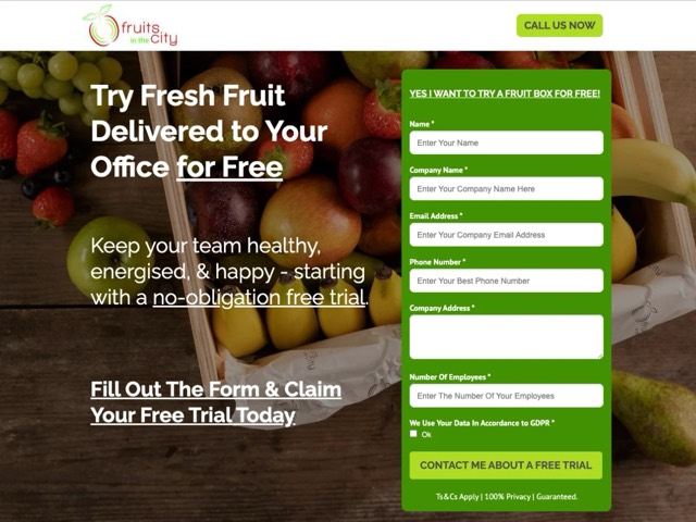 Landing page for a free office fruit box trial with one offer, one form and one button, built to turn visitors into enquiries